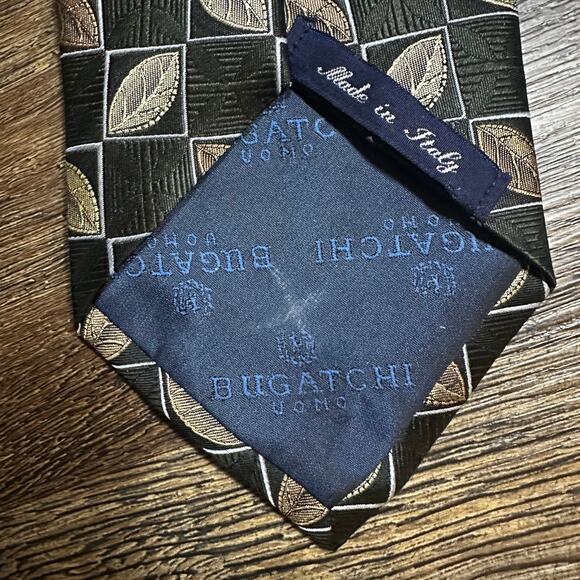 BUGATCHI UOMO Silk Leaf Tie Made in Italy Green Bronze Metallic - Picture 6 of 12